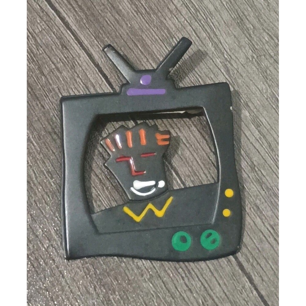 Television TV  Antenna Man Red Yellow Green Purple Enamel Black Vintage Brooch